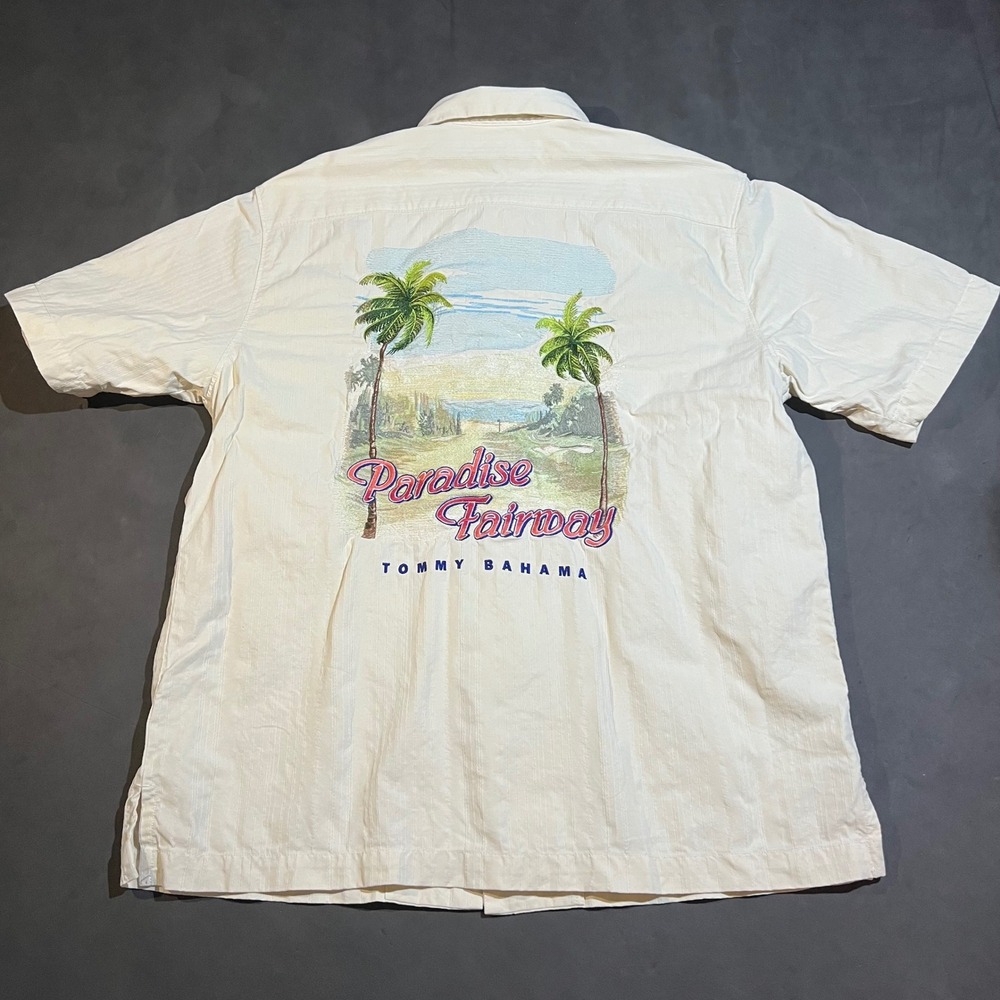Tommy‎ Bahama Embroidered Paradise Fairway Shirt Men M Off White 100% Silk